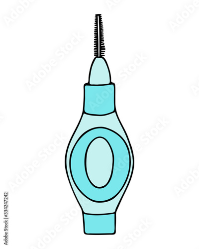 Interdental brush orthodontic braces. Pipe-cleaner dental product personal oral hygiene home in bathroom. Color vector isolated flat doodle realistic drawing with black outline white background icon