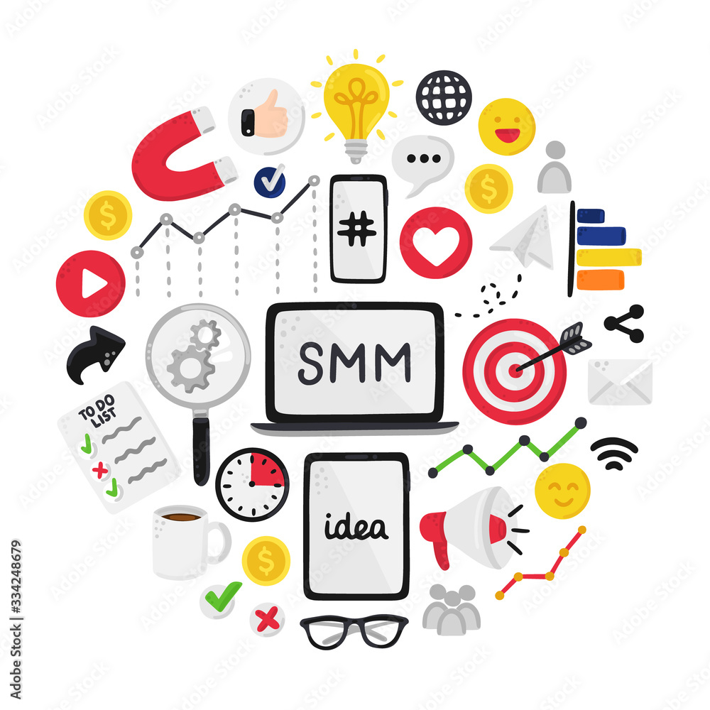 Vector smm elements. Social Media Marketing. Reach and promotion among target audience. Concept is for banner, advertising, mailing list, website, training presentation for marketers, posts, poster
