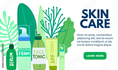 Organic or natural cosmetics. Many jars and bottles with cosmetic names. Facial skin care. Online store. Landing page template. Background is for banner, header, advertising, mailing list. Vector