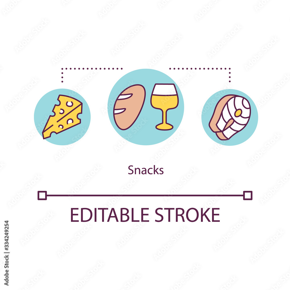 Snacks concept icon. Tasty dish to go with wine. Fish stake. Bread and cheese. Wine tasting event idea thin line illustration. Vector isolated outline RGB color drawing. Editable stroke Snacks concept icon. Tasty dish to go with wine. Fish stake. Bread and cheese. Wine tasting event idea thin line illustration. Vector isolated outline RGB color drawing. Editable stroke