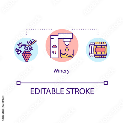 Winery concept icon. Distillery technology to make alcohol grape beverage. Wine production process idea thin line illustration. Vector isolated outline RGB color drawing. Editable stroke