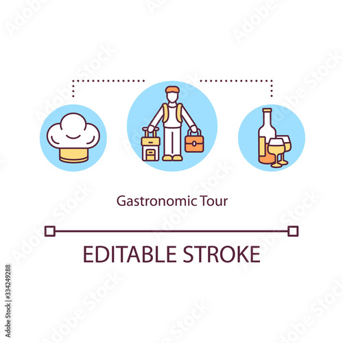 Gastronomic tour concept icon. Local traditional cuisine. Travel to try gourmet meal. Food tour idea thin line illustration. Vector isolated outline RGB color drawing. Editable stroke