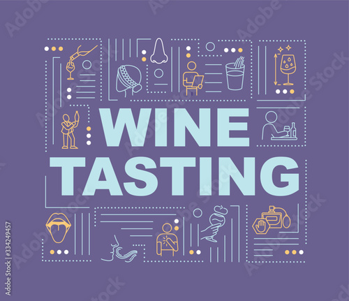 Wine tasting word concepts banner. Recommendation for dresscode. Bar event. Infographics with linear icons on blue background. Isolated typography. Vector outline RGB color illustration