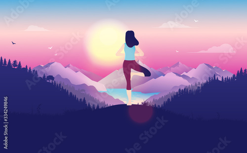 Yoga at sunrise in high altitude. Woman on hilltop doing the tree pose, beautiful view over ocean and mountain range. Yoga and meditation training concept. Vector illustration. © Knut