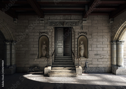 Fotografie Monumental entrance with ancient wooden gothic doorway with sculptures, 3d rende