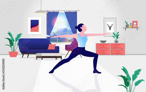 Yoga at home- Woman doing the warrior pose in her living room. Interior in background, sunlight in window. Work out from home, alone, and isolation concept. Vector illustration.