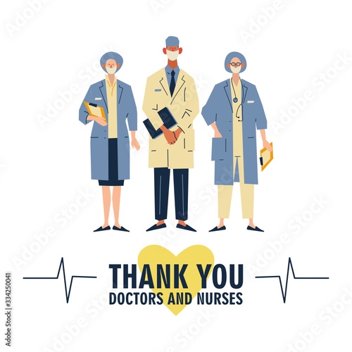 Thank you brave healthcare working in the hospitals and fighting the coronavirus outbreak. Flat cartoon vector illustration on white background.