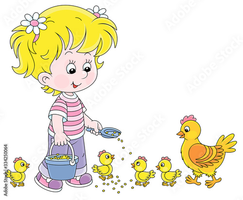 Little girl farmer standing with a bucket of feed grain and feeding a merry brood of small yellow chicks and a cute hen on a chicken farm, vector cartoon illustration on a white background