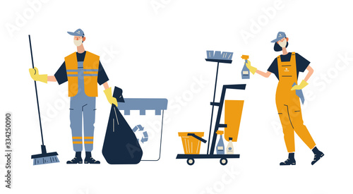 Cleaning service. Woman dressed in uniform  with cleaning equipment on isolated background. Vector illustration in a flat style.