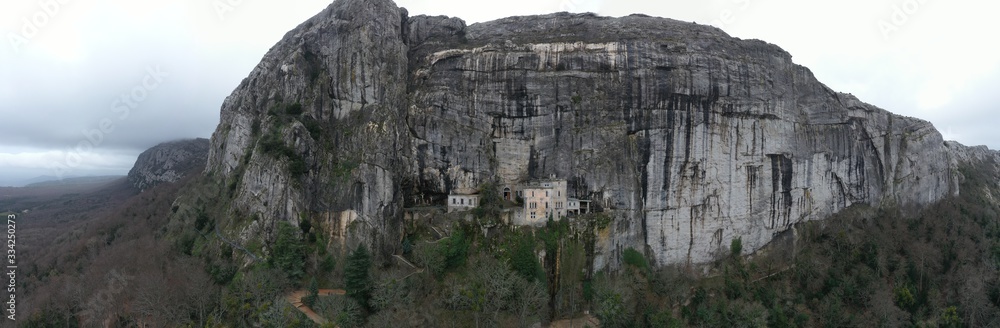 Aerial view of the Grotto of Maria Magdalena in France, Plan D'Aups, the massif St.Baum, holy fragrance, famous place among religious believers, the Monastery of Dominican Friars Aerial view of the Grotto of Maria Magdalena in France, Plan D'Aups, the massif St.Baum, holy fragrance, famous place among religious believers, the Monastery of Dominican Friars