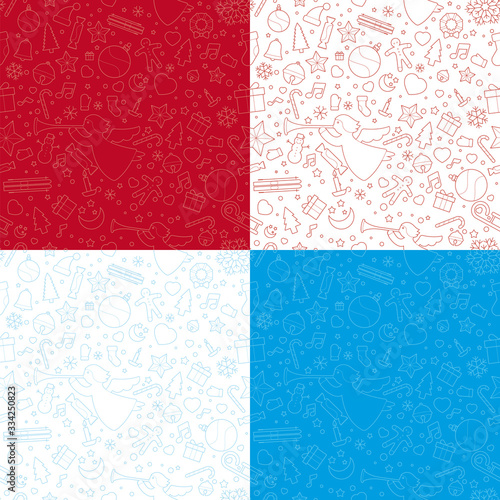 Four color variants Christmas seamless background with Christmas symbols. 