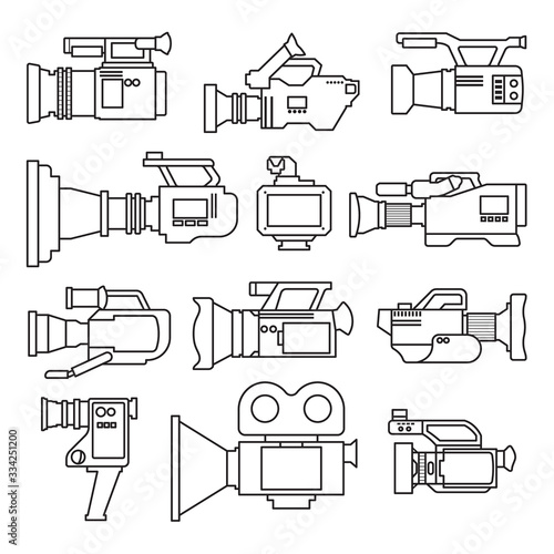 Video camera outline vector illustration on white background .Video camera set icon. Vector illustration camcorder for photo and film.