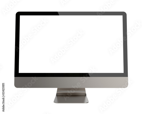 Front View of Empty Blank PC Monitor Isolated on White Background. Realistic 3D Illustration of Metal Modern Sleek Screen.