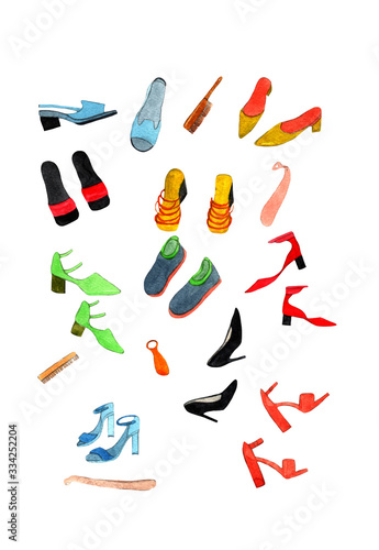 Watercolor set of womens shoes,slaps,shoes,barefoot,sneakers,shoe sewing and a shoe spoon isolated on white background.