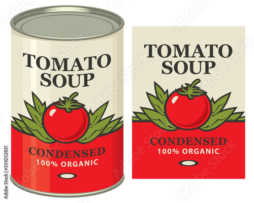 Vector banner for condensed tomato soup. Illustration of a label with a ripe red tomato and a tin can with this label. Canned food during quarantine, long-term storage product