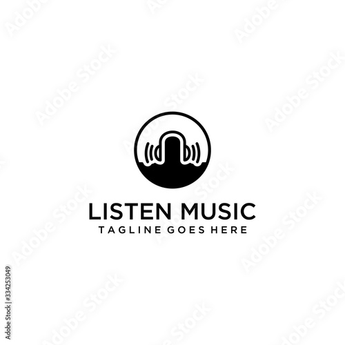 Creative modern listening the music with headphones sign logo design template