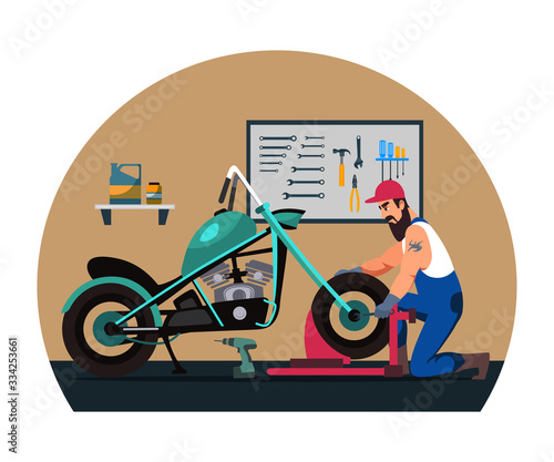Vector character mechanic repairs motorcycle