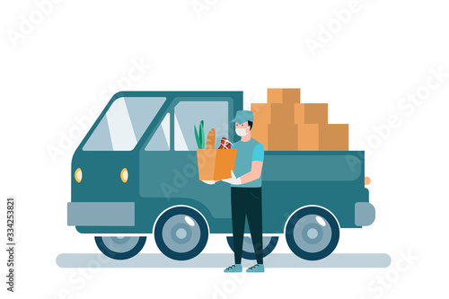 Poster concept for home delivery. Restaurant or supermarket delivering food at doorstep in quarantine. Sitting home and Order online food at anytime.Man with mask delivering food on van.