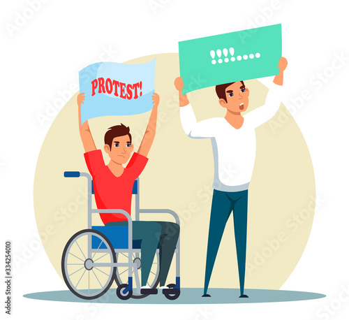 Vector characters man and disabled person protesting