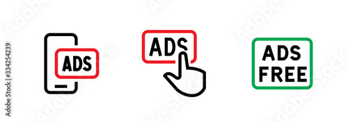 Set of smartphone, prohibition button blocking ads and ads free icons. Editable line vector.