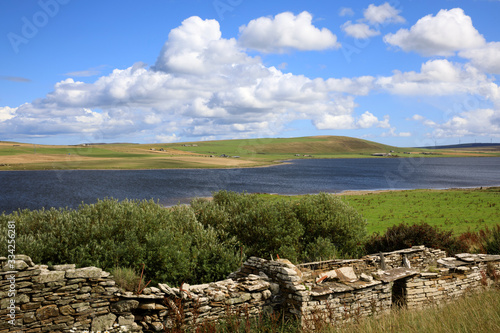 Orkney (Scotland), UK - August 07, 2018: The country landscape in the middle of Orkney's island, Scotland, Highlands, United Kingdom