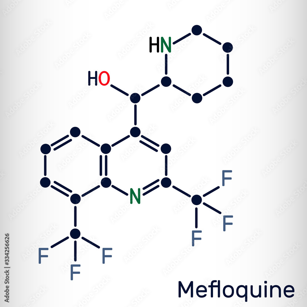 Mefloquine, C17H16F6N2O antimalarial drug molecule. It is medication used to treat malaria, coronavirus disease COVID-19. Skeletal chemical formula Mefloquine, C17H16F6N2O antimalarial drug molecule. It is medication used to treat malaria, coronavirus disease COVID-19. Skeletal chemical formula