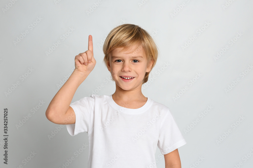 Portrait of cute little boy on light grey background Portrait of cute little boy on light grey background
