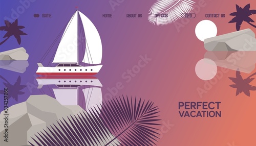 Perfect vacation on luxury yacht, boat, palm tree leaf, sheet flat vector illustration. Contact us, about us, home, options, info button. Surface water, ocean, sea, design template landing