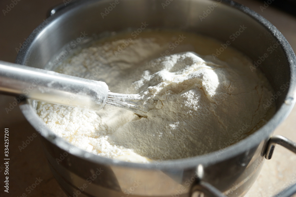 Pancake dough on a table in the kitchen