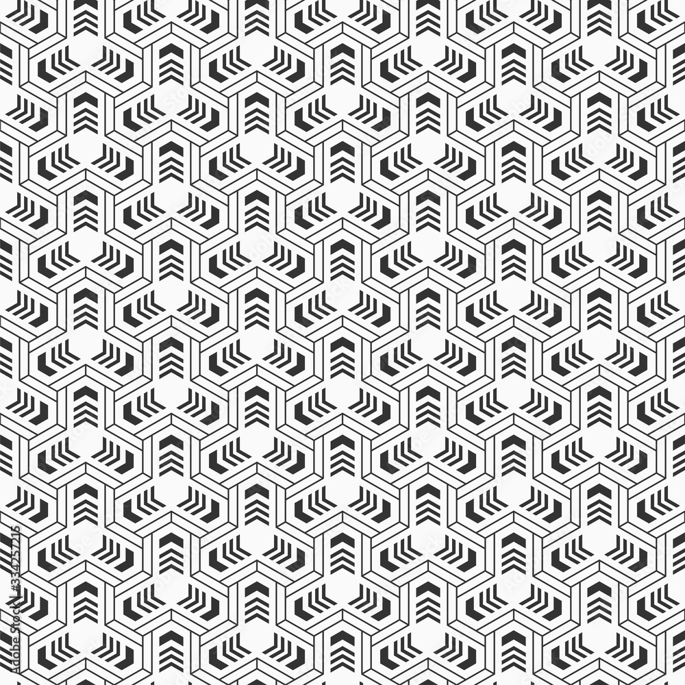 Abstract seamless pattern. Modern stylish texture. Geometric tiles with triple weaving elements, striped shapes. Vector monochrome background.