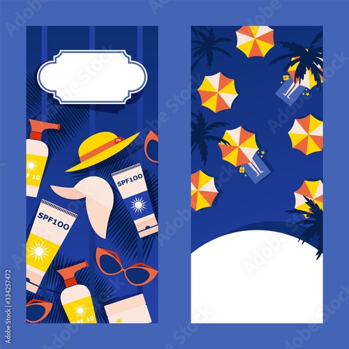 Skin protection from sunburn, sunbed, sunshine cream SPF 100, hat, palm tree leaf, sheet flat vector illustration. Relax on sandy beach, sand shore, vacation. Text place, design website banner.