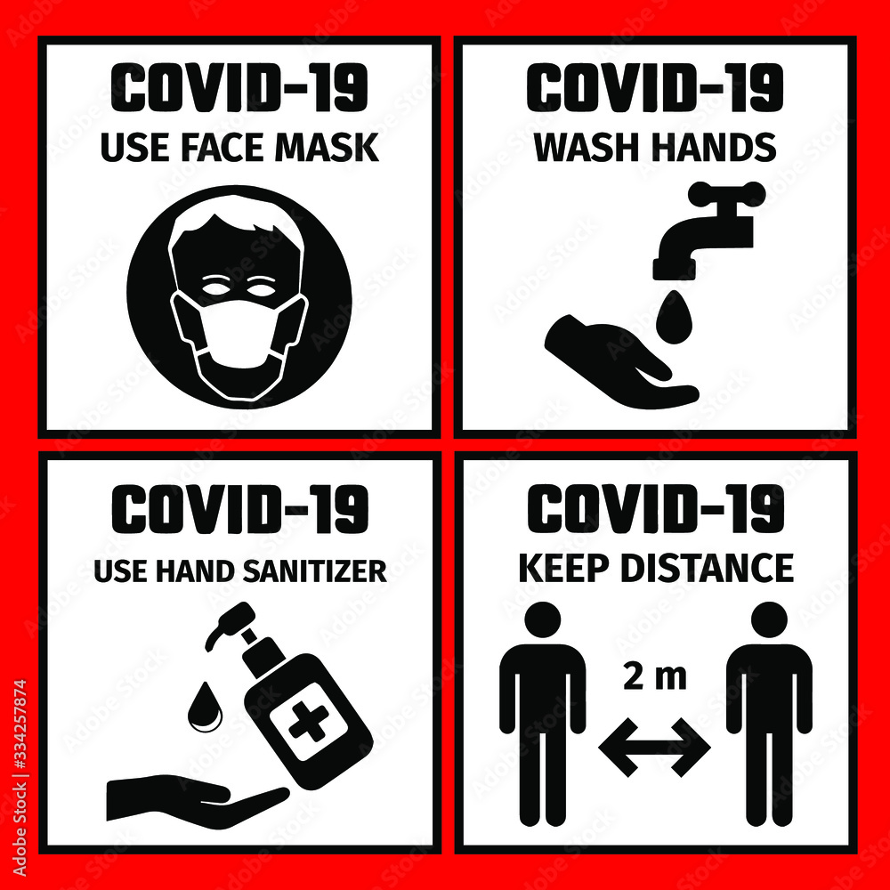 4 signs with the safety rules for the prevention of coronavirus. Use face mask. Wash hands. Keep distance. Use hand sanitizer. - obrazy, fototapety, plakaty 