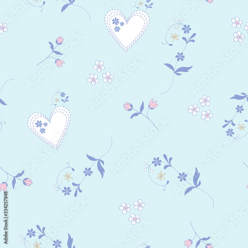 Seamless Floral Vector Pattern with hearts and small romantic flowers for decoration, textile, print, stationery, fabric