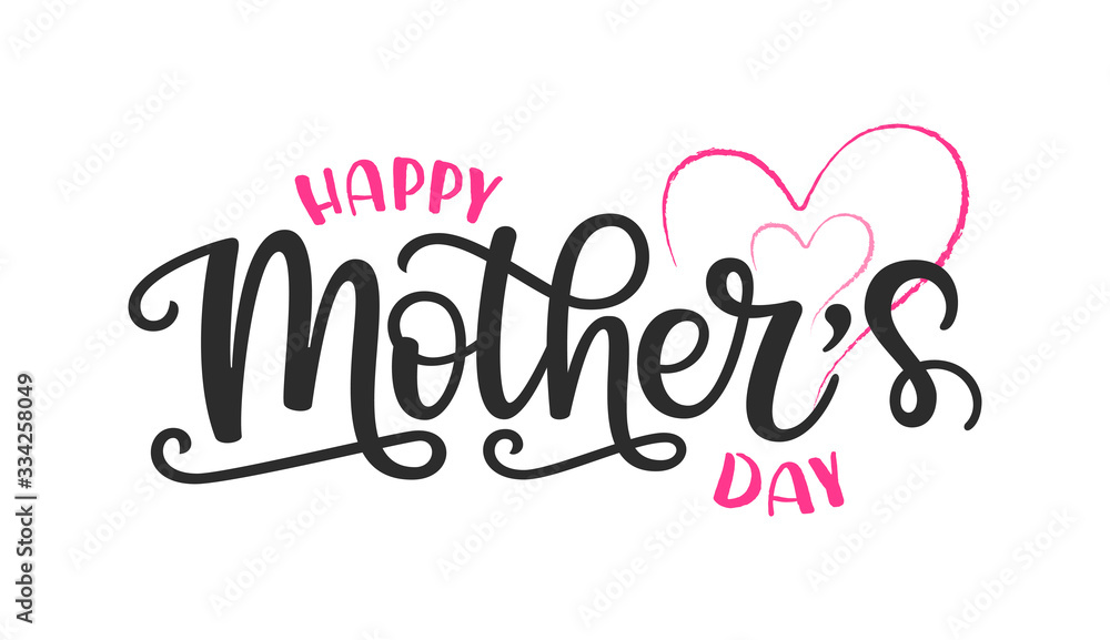 Vector illustration of Happy Mother's day text. Poster with hand drawn lettering typography and pink hearts. Mothers day design template for banner, badge, sticker, icon, sign, print