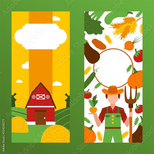 Text, font place poster, rural farmer in hat, harvest, character male, barn, vegetables, pumpkin, tomato, grass, flat vector illustraion. Healthy vegan vegetarian meal design wholesome foodstuff