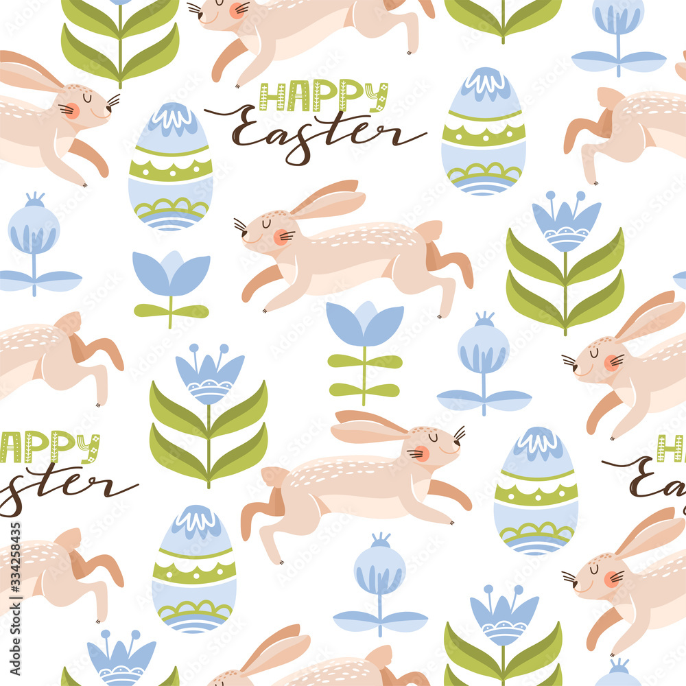 Naklejka premium Easter seamless pattern with cute bunnies, egg, flowers, leaves and lettering. Texture for textile, postcard, wrapping paper, packaging etc. Vector illustration.