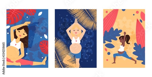 Character pregnant woman, do yoga exercises, sport activity for healthy mother, children, flat vector illustration. Web banner and poster, palm leaf, fitness room. Female yogi twine, stand on leg.