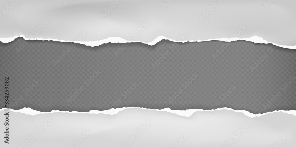 Pieces of torn white horizontal crumple paper with soft shadow stuck on black squared background. Vector illustration