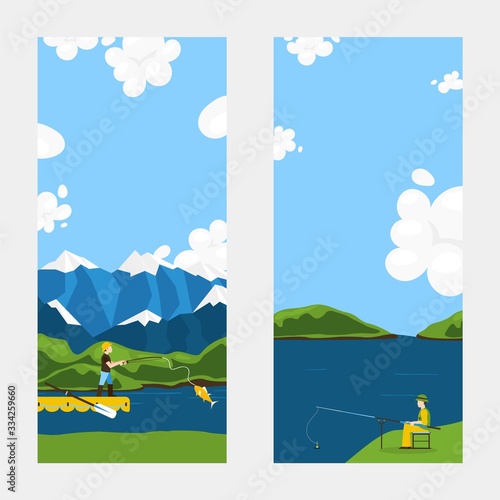 Character male fishing, rod, mountain, pier flat vector illustration. Relax on river shore, vacation. Man go fish, lake, water. Peaceful relaxing, rest on pond side. Design website banner, poster.