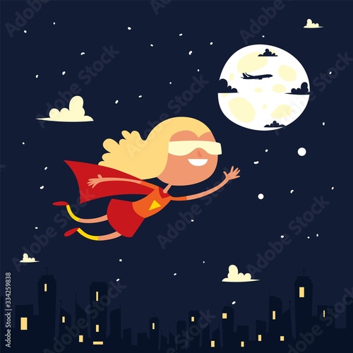 Girl character little superhero fly space, black sky, big moon, cloud, night city background, flat vector illustration. Child dream of superpowers, strong woman personage, design banner.
