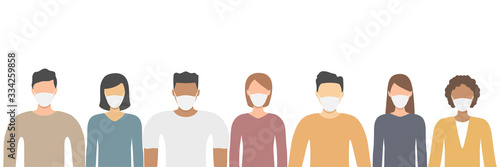 Group of multiethnic men and women wearing medical masks. Disease, flu, contaminated air, world pollution, pandemic concept . Vector illustration in a flat style isolated on white