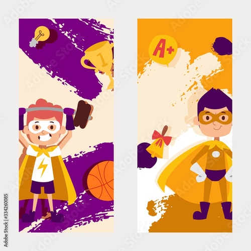 Real superpowers, smart, strong character kid, little man best physical form, cleverest, flat vector illustration. Kid with dumbbells, basketball, barbell, cup, call, best school estimate. © Vectorvstocker