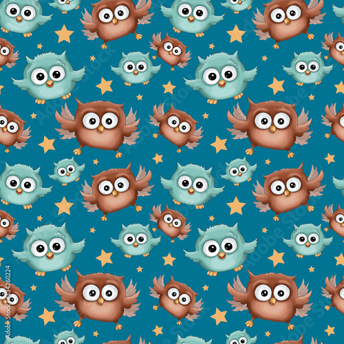 Illustration birthday holiday seamless pattern funny cartoon cute colorful brown blue turquoise owl isolated on blue background with stars. Perfect for children