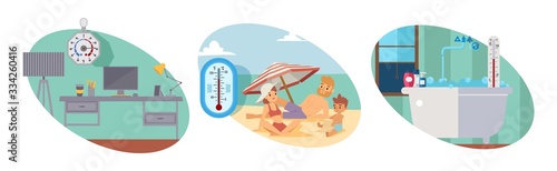 Workplace with instrument calibration, measuring device medical business, female rest in beach, high temperature, isolated on white, flat vector illustration. Measurement altitude, pressure, degrees.