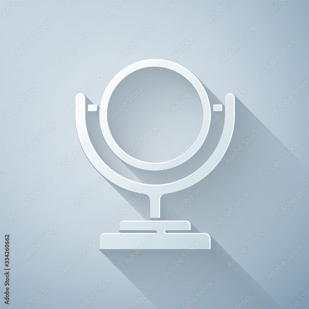 Paper cut Round makeup mirror icon isolated on grey background. Paper art style. Vector Illustration