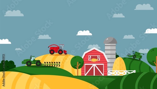 Farm field, agricultural business, working tractor, combine, working machine, flat vector illustration. Concept design banner. Farming area, warehouse, barn, straw Rural industry and company