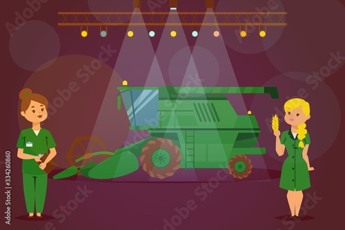 Presentation new tractor, combine harvester, agricultural working machine, woman character demonstration truck under light lamp, flat vector illustration. Design web banner for business.