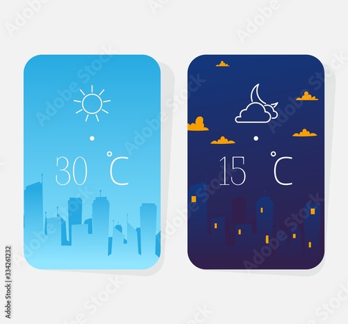 Weather poster, concept night and day result megapolis background, isolated on white, flat vector illustration. Meteorological forecast for city, design banner, atmospheric prediction.