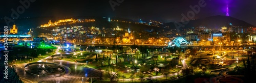 Panoramic nightscape view of Tbilisi old town and Rike park. Romantic Gerogia and main tourist atrractions. Tbilisi. Sakartvelo.25.03.2020