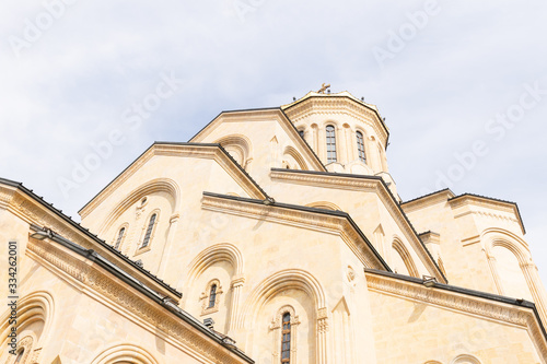 Close up image of exterior architecture details and shapes of orthodox holy trnity cathedral in Tbilisi. Georgia. Sakartvelo.